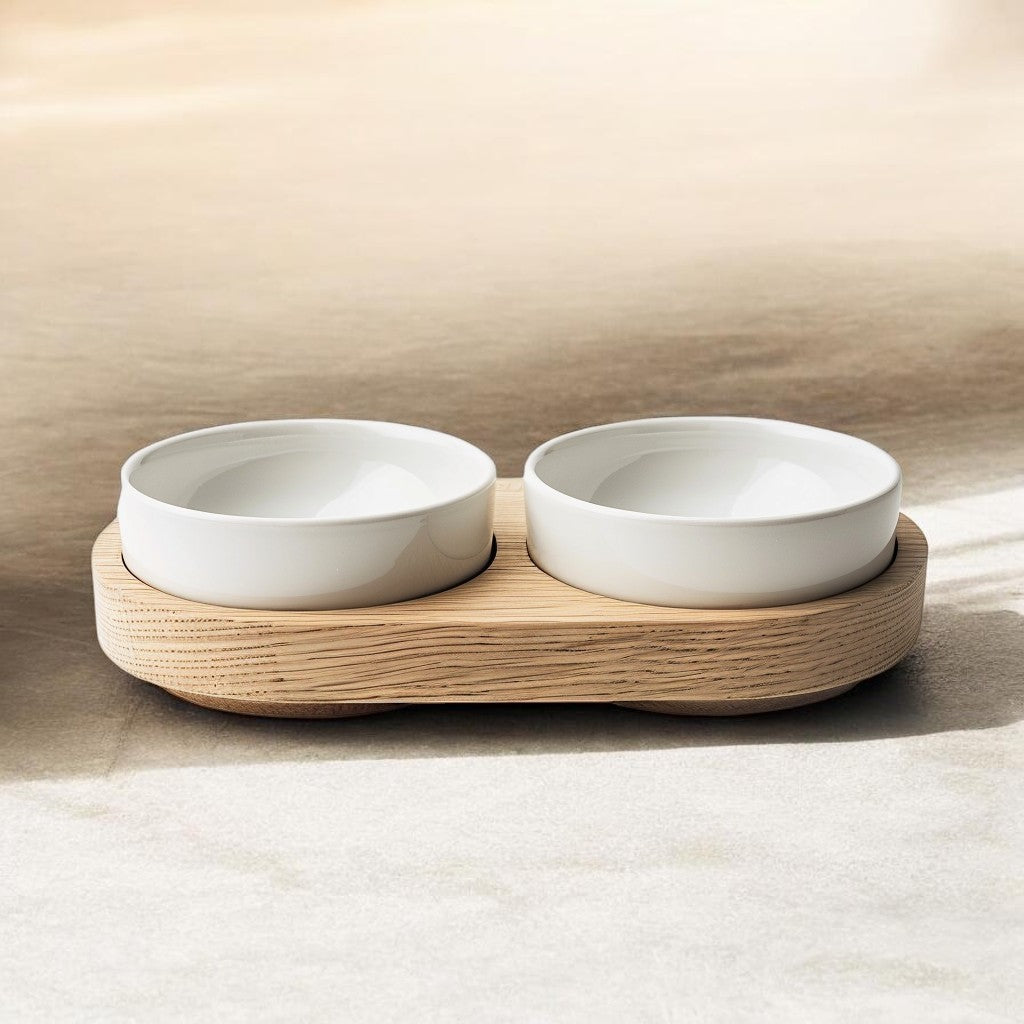 Avibe Natural Oak Wooden Double Pet Bowl - Ergonomic Elevated Ceramic Feeder for Cats and Dogs