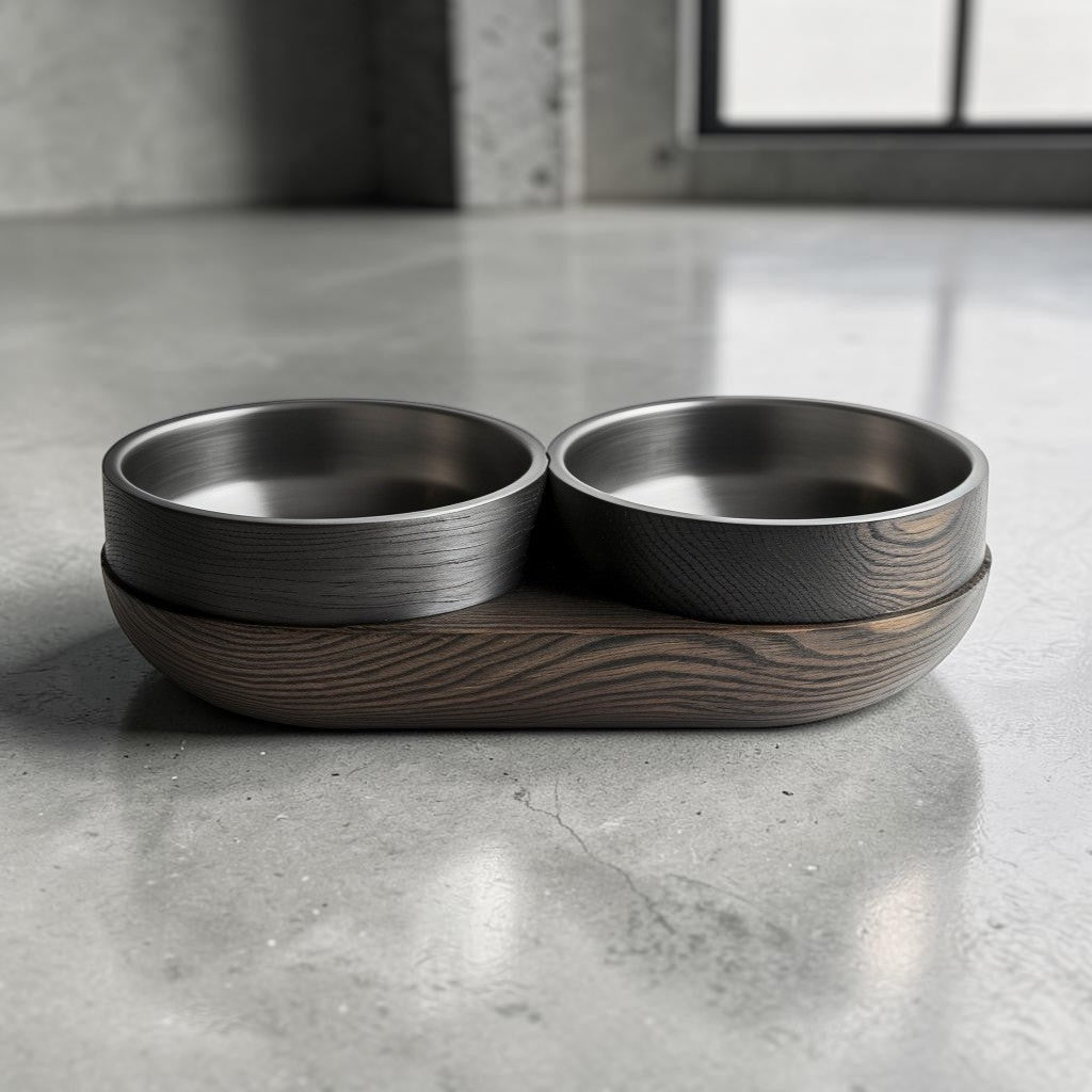 Avibe Modern Obsidian Black Wooden Double Pet Bowl - Ergonomic Elevated Stainless Steel Feeder for Cats and Dogs