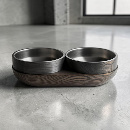 Avibe Modern Obsidian Black Wooden Double Pet Bowl - Ergonomic Elevated Stainless Steel Feeder for Cats and Dogs