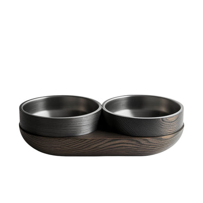 Avibe Modern Obsidian Black Wooden Double Pet Bowl - Ergonomic Elevated Stainless Steel Feeder for Cats and Dogs