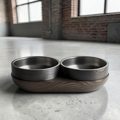 Avibe Modern Obsidian Black Wooden Double Pet Bowl - Ergonomic Elevated Stainless Steel Feeder for Cats and Dogs