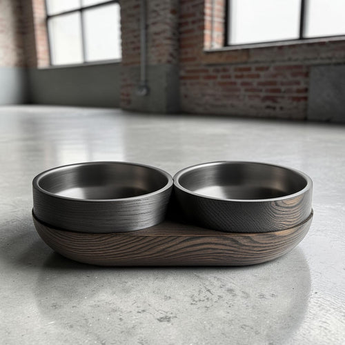 Avibe Modern Obsidian Black Wooden Double Pet Bowl - Ergonomic Elevated Stainless Steel Feeder for Cats and Dogs