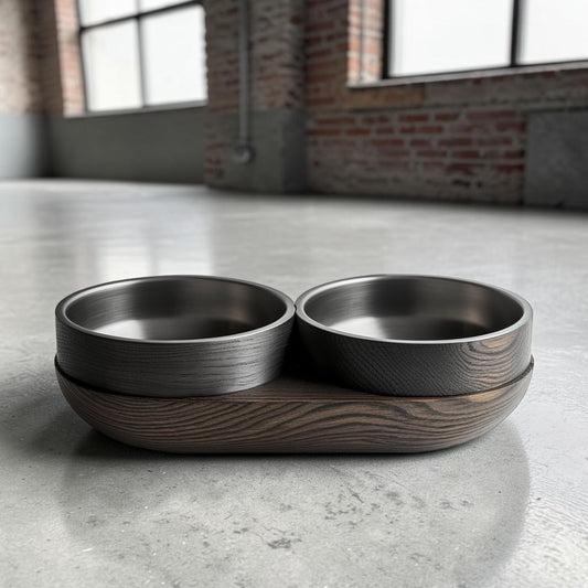 Avibe Modern Obsidian Black Wooden Double Pet Bowl - Ergonomic Elevated Stainless Steel Feeder for Cats and Dogs