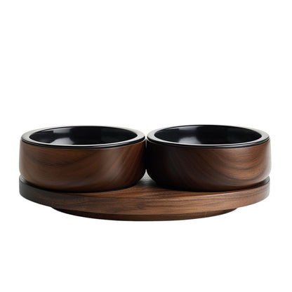 Avibe Vintage Walnut Wooden Double Pet Bowl - Ergonomic Elevated Ceramic Feeder for Cats and Dogs