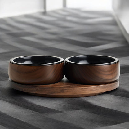 Avibe Vintage Walnut Wooden Double Pet Bowl - Ergonomic Elevated Ceramic Feeder for Cats and Dogs