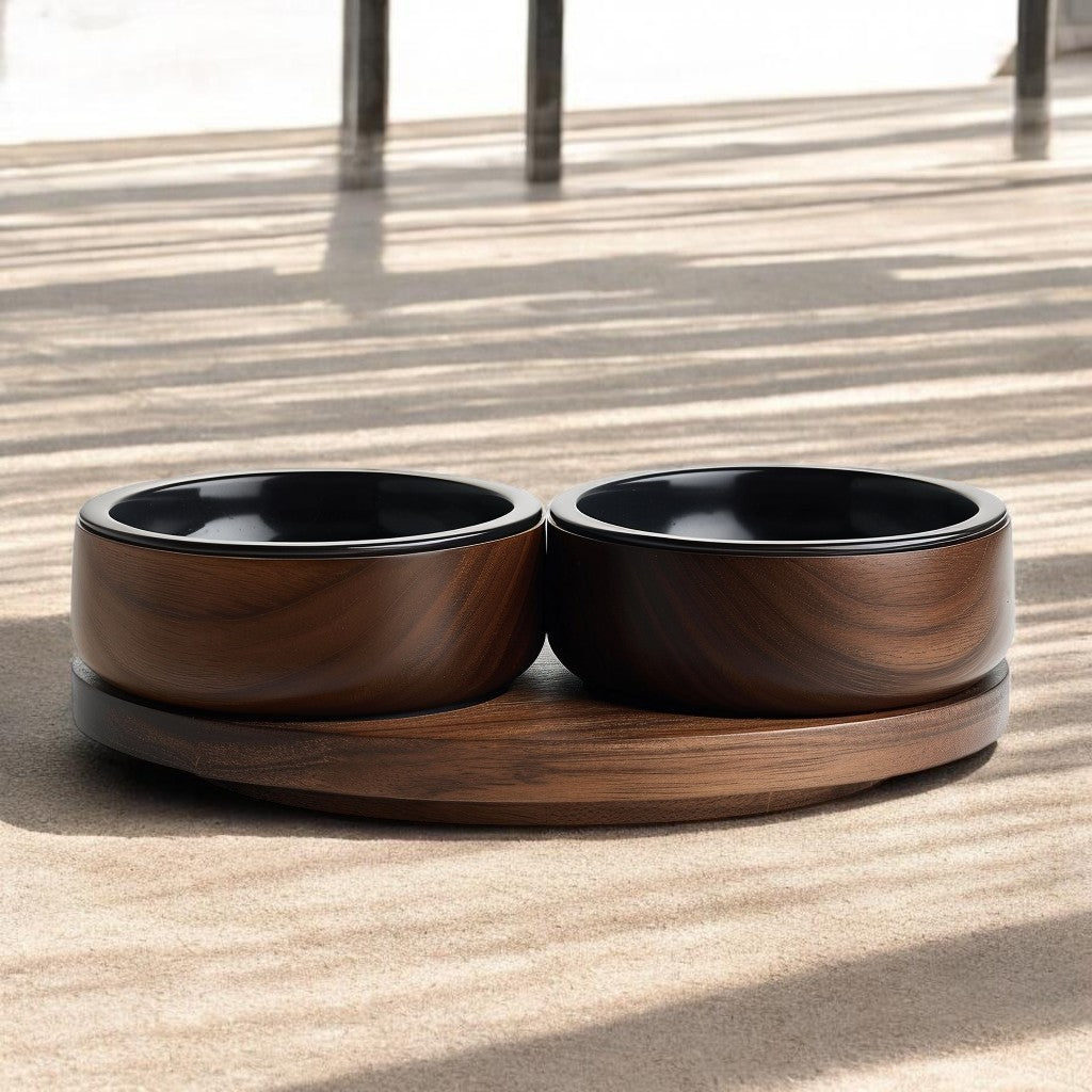 Avibe Vintage Walnut Wooden Double Pet Bowl - Ergonomic Elevated Ceramic Feeder for Cats and Dogs
