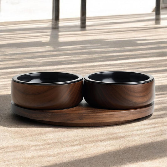Avibe Vintage Walnut Wooden Double Pet Bowl - Ergonomic Elevated Ceramic Feeder for Cats and Dogs