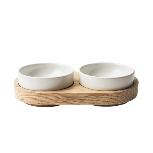 Avibe Natural Oak Wooden Double Pet Bowl - Ergonomic Elevated Ceramic Feeder for Cats and Dogs