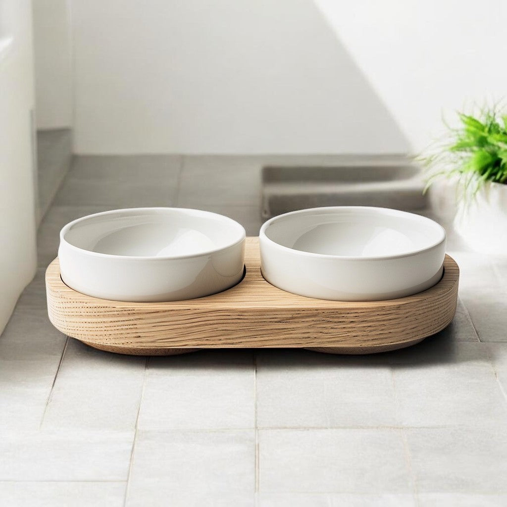 Avibe Natural Oak Wooden Double Pet Bowl - Ergonomic Elevated Ceramic Feeder for Cats and Dogs