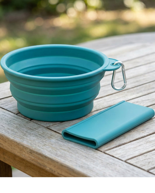 Avibe Fold-Flat Silicone Travel Pet Bowl 750 ml Teal with Sleeve - Lifestyle view