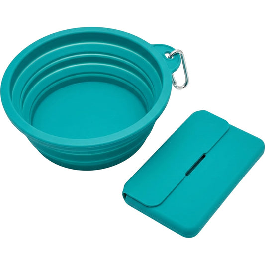Avibe Fold-Flat Silicone Travel Pet Bowl 750 ml Teal with Sleeve - Product view